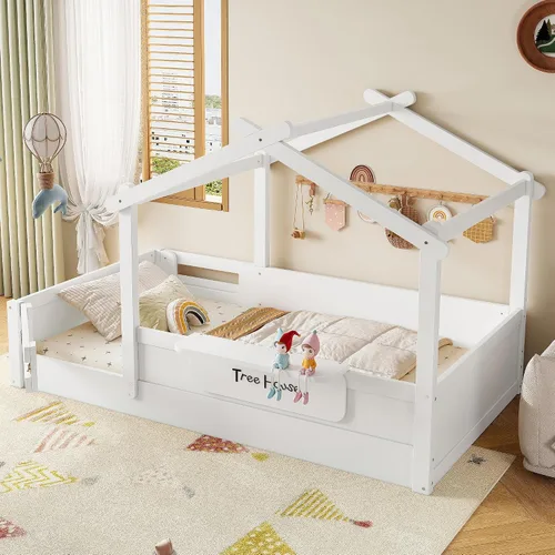 Miniatura 14 de Bellemave Montessori - Cama de suelo tamaño individual, marco de cama individual con cabecero, estribo, cama Montessori de madera con listones