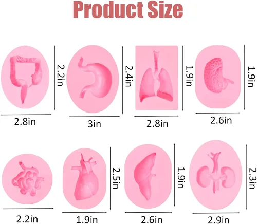 Miniatura 3 de Moldes de silicona con forma de órganos humanos, 8 unidades, molde de silicona para cerebro y corazón, para hígado, pulmón intestinal, chocolate
