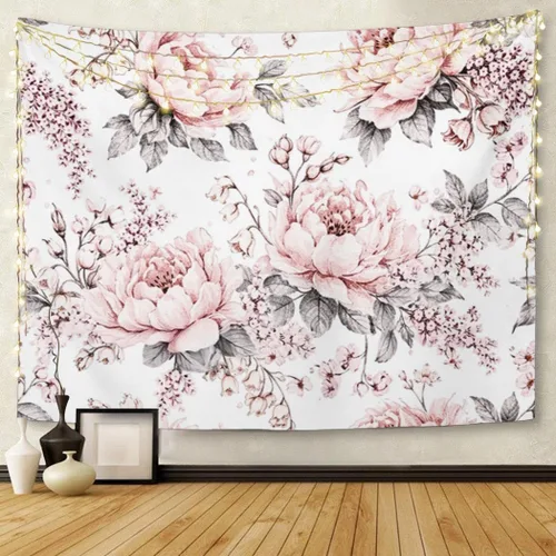 Miniatura 5 de Emvency Tapiz de flores y hojas rosas y grises, patrón floral de rosas, decoración del hogar, para colgar en la pared para sala de estar