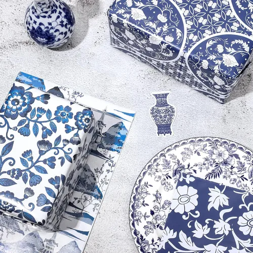 Miniatura 5 de Whaline 12 hojas de papel de regalo chinoiserie azul de 19.7 x 27.6 pulgadas, papel de regalo floral de porcelana de paisaje chino clásico, papel