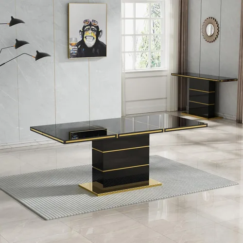 Miniatura 5 de Juego de 5 mesas de comedor negras brillantes para 4, mesa de cocina moderna de madera de alto brillo con 4 sillas de terciopelo beige, mesas