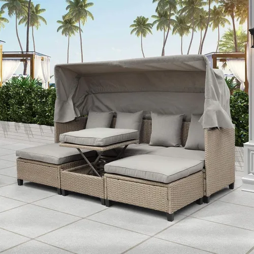 Miniatura 11 de Sofá cama redondo de ratán al aire libre con toldo retráctil y mesa de centro elevadora, muebles de patio, juego de sofá para piscina Garde