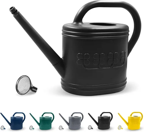 Regadera de 2 galones, regadera al aire libre para plantas, regadera de jardín con boquilla larga extraíble y cabezal de rociador de acero Negro