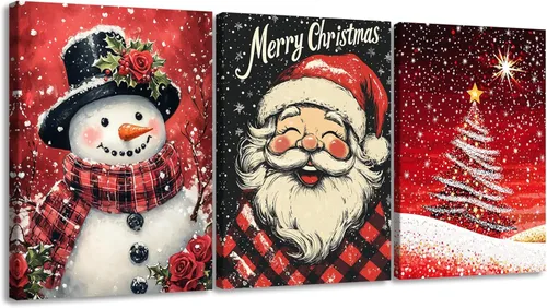 Miniatura 16 de Pennimor Lienzo decorativo para pared de Navidad, juego de 3 marcos de 12 x 16 pulgadas, decoración navideña a cuadros rojos y negros, póster