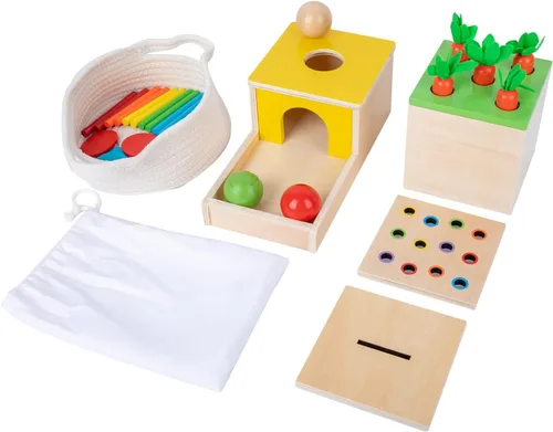 Miniatura 9 de Adena Montessori Kit de juego Montessori de madera 5 en 1, juguetes para bebés, caja de permanencia de objetos, gota de color de fósforo, juego