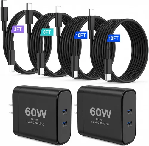 Cargador para iPhone 17, 45 W de carga rápida USB C de doble puerto con cable de carga tipo C de 3/6/10/10 pies, adaptador rápido PD 3.0 para iPhone