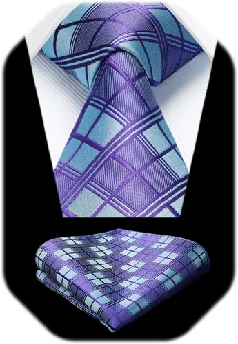 Miniatura 43 de HISDERN Conjunto de corbata a cuadros a cuadros pañuelo tejido clásico formal para hombre corbata y bolsillo cuadrado