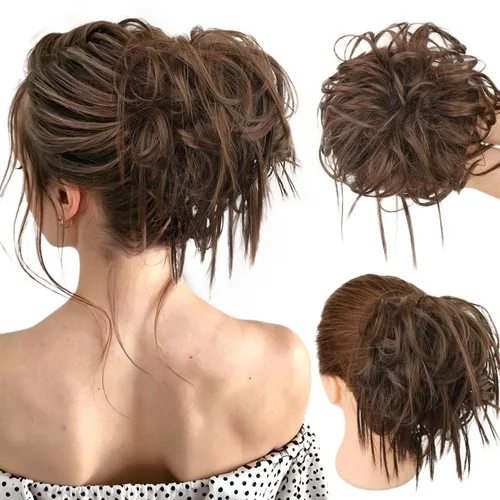 Miniatura 18 de HMD - Extensiones de cabello tipo chongo alborotado con rodelo despeinado, banda elástica de goma, extensiones de cabello sintético para mujer