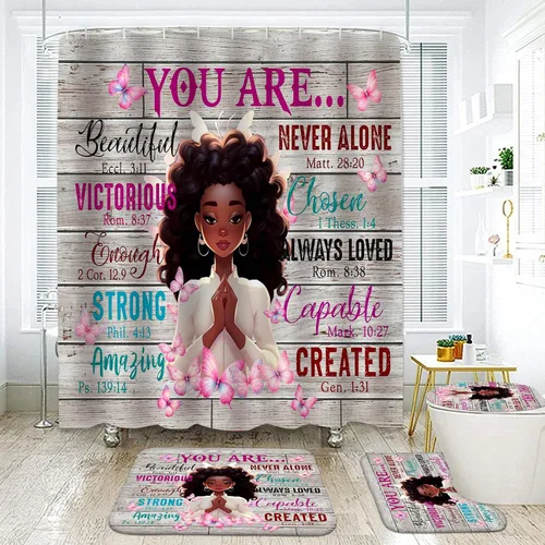 Miniatura 8 de NEWSUYAA Juego de 4 cortinas de ducha para niña negra con alfombras de baño, juego de 4 juegos de baño rústicos afroamericanos, cortinas