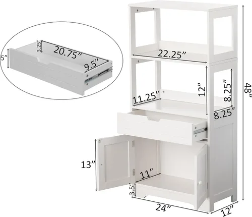 Miniatura 3 de Basicwise Tocador alto de almacenamiento de madera, despensa de cocina y organizador de armario de baño, con 2 estantes abiertos, un cajón y armario