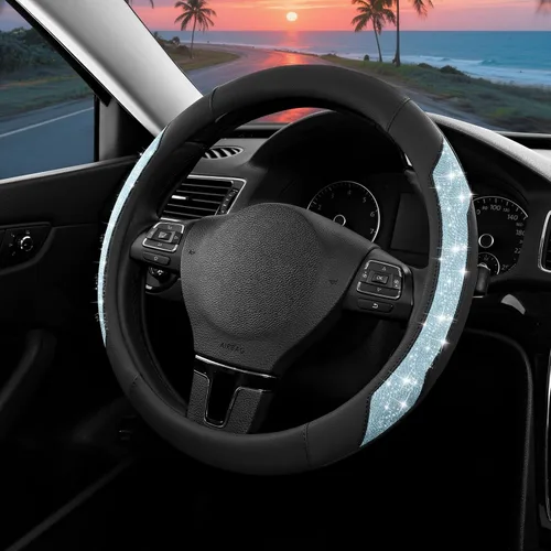 Miniatura 14 de PIC AUTO Funda para volante, purpurina de cristal brillante con cuero negro, ajuste universal de 14.5 a 15.5 pulgadas para volantes de automóvil