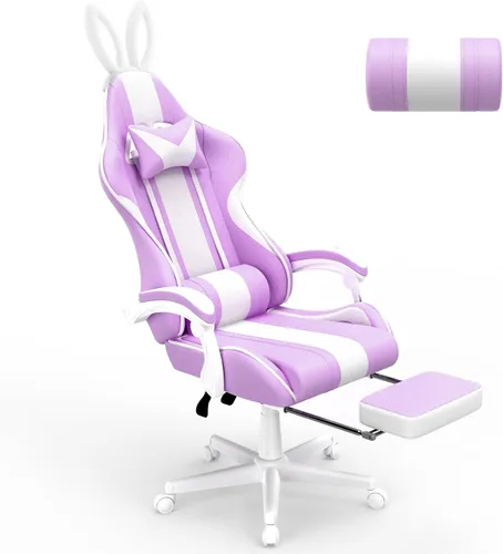 Miniatura 9 de Ferghana Kawaii Bunny Ears - Silla de juegos con reposapiés y masaje, silla ergonómica de cuero para juegos de computadora para niñas, adultos, Rosa