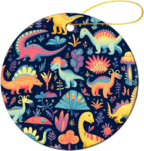 Miniatura 16 de Adorno colorido con patrón de dinosaurio de 3 pulgadas, adorno de Navidad de cerámica de 3 pulgadas, bonito adorno de Navidad de dibujos animados