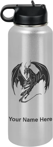 Miniatura 14 de LaserGram Botella de agua con tapa abatible de doble pared de 12 onzas con pajilla, dragón, grabado personalizado incluido (negro)