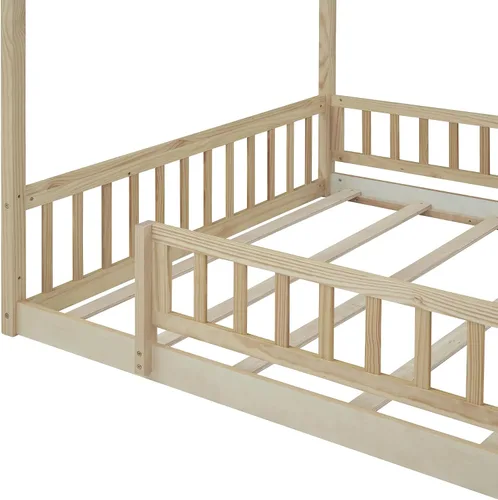 Miniatura 9 de RUNNA Marco de cama de madera de tamaño matrimonial con valla, para niños, adolescentes, niñas, niños, (Natural-Thinck 4col)