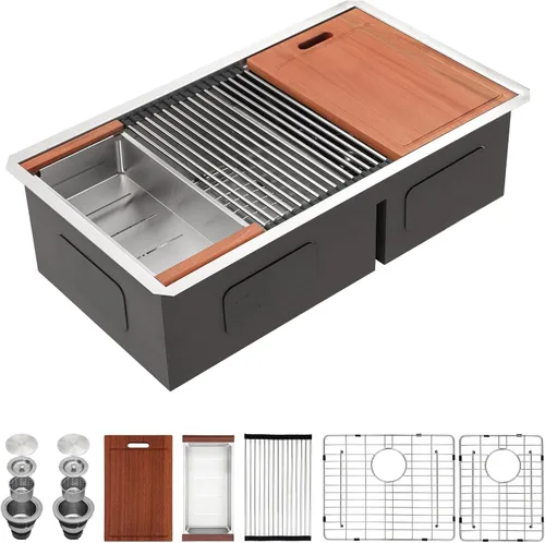 Miniatura 29 de Sarlai 28 Fregadero de cocina bajo encimera de doble tazón - Fregadero bajo encimera de acero inoxidable de 28x19 pulgadas de calibre 16, con repisa