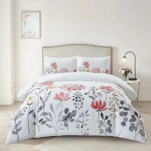 Miniatura 14 de Style Quarters Dahlia Lane - Juego de funda de edredón de 3 piezas, tallos florales multicolor con siluetas de hojas blancas, 100% algodón, lavable