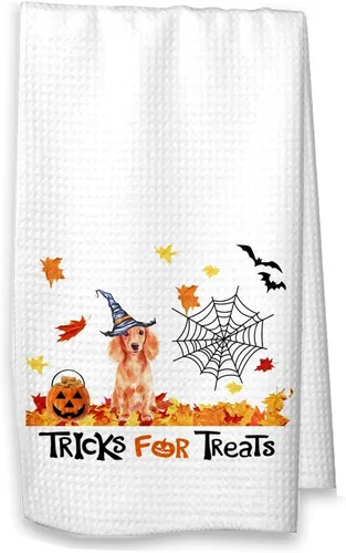 Studio 9Thirty3 Trucos para golosinas Dachshund Toalla de cocina de Halloween, decoración de otoño de perro salchicha (toalla blanca, pelo largo