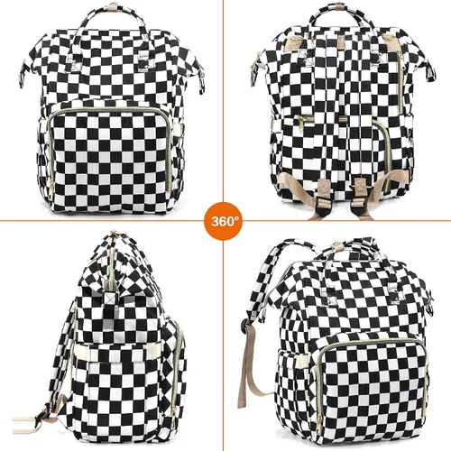 Miniatura 7 de Mochila para pañales para mamá y papá, bolsas cambiadoras de bebé impermeables multifuncionales, mochila grande para pañales cuadriculado
