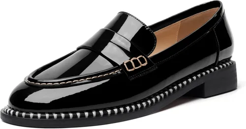 Miniatura 19 de FOGEENA Mocasines de tacón bajo para mujer, estilo casual, puntera redonda, de charol grueso, de 1 pulgada
