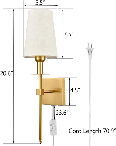 Miniatura 7 de Juego de dos apliques de pared dorados con enchufe, modernos apliques de latón con pantalla de tela, lámparas de pared para dormitorio, pasillo
