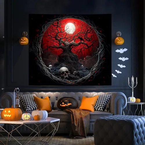 Miniatura 7 de Atrippy Tapiz de anime negro y rojo de Halloween, para colgar en la pared, diseño gótico de luna de bosque oscuro, calavera, árbol marchito
