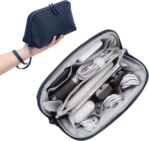 Miniatura 23 de FYY Organizador de cables de viaje, 8 compartimentos, bolsa tecnológica ligera resistente al agua con correa para la muñeca, funda portátil