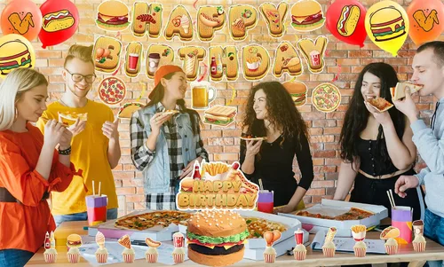 Miniatura 7 de Decoraciones de fiesta de comida rápida, papas fritas, pizza, hamburguesa, pollo frito, hot dog, suministros de fiesta, incluye pancarta