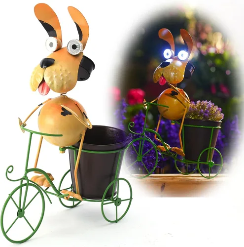 Luces Solares para Perros para Exteriores Soporte para Plantas de Ciclismo, Arte de Patio Estatuas de Perro de Metal, Estatua Divertida para