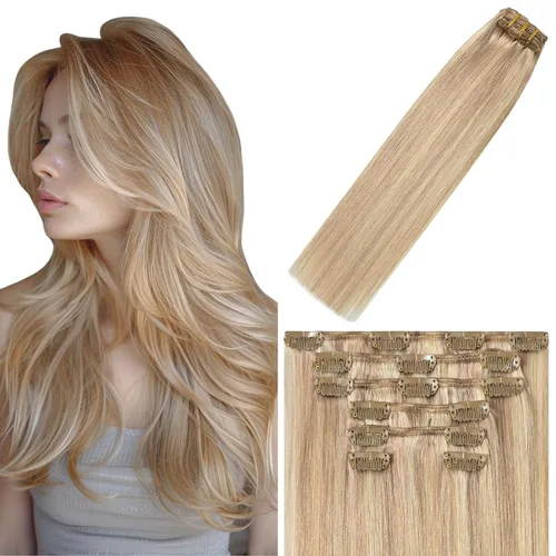 Miniatura 46 de WindTouch - Extensiones de cabello humano Remy con pinzas, color rubio decolorado combinado con balayage, para cabello rubio, 2.47 onzas, N.°