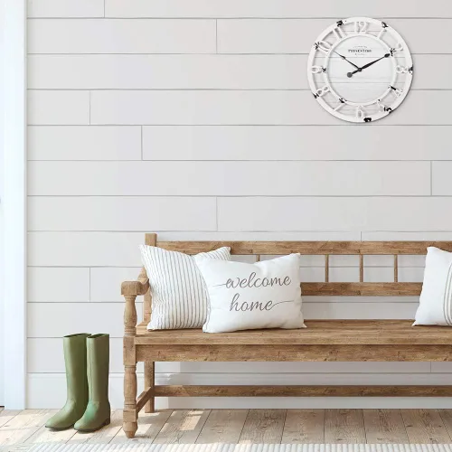 Miniatura 4 de Presentime & Co - Reloj de pared de la serie Farmhouse de 10 pulgadas, estilo Shiplap, número arábigo 3D elevado, blanco envejecido antiguo Blanco