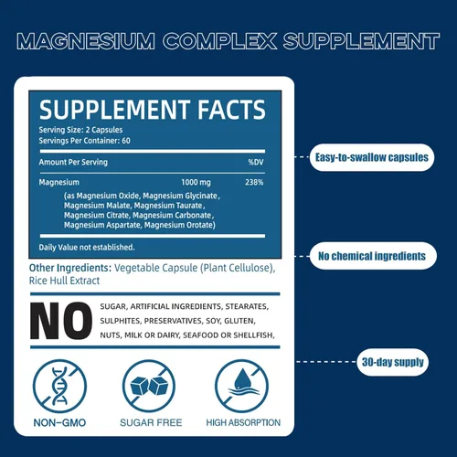 Miniatura 2 de Suplemento complejo de magnesio, proporcionado por 1000 mg de ocho formas diferentes de magnesio, fácil absorción para huesos, músculos