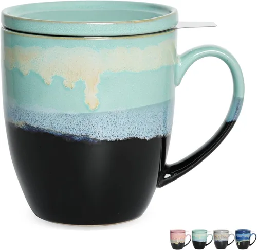 Bosmarlin Taza de té de cerámica con infusor y tapa, 16 onzas, 4 colores a elegir, apta para lavavajillas y microondas, taza de té con colador (azul