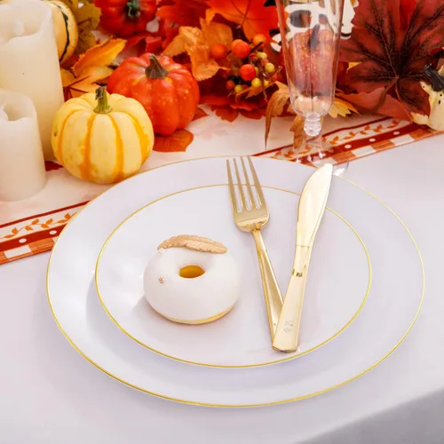 Miniatura 3 de Liacere 175 piezas de platos de plástico blanco y dorado - El juego dorado incluye 50 platos de plástico, 25 tenedores, 25 cucharas, 25 cuchillos