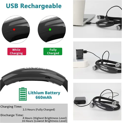 Miniatura 3 de LEDBOLIK - Luz de lectura para el cuello negra, 660 mAh recargable para leer en la cama, 6 brillo, brazos flexibles, manos libres para tejer, 660mAh