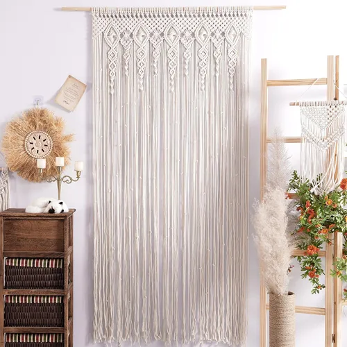 Miniatura 3 de Foreate Cortinas de macramé largas de algodón para colgar en la pared, cortina bohemia con cuentas para ventana, puerta, telón de fondo de boda