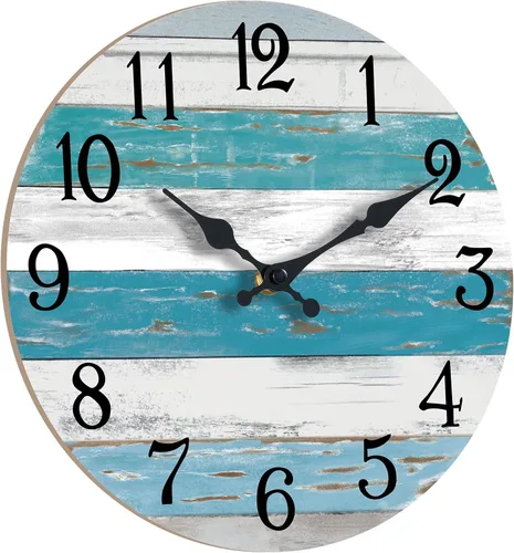 Miniatura 4 de KECYET Reloj de pared con pilas de 14 pulgadas para exteriores, estilo de playa grande, color azul, costero, retro, silencioso, sin tictac, Azul