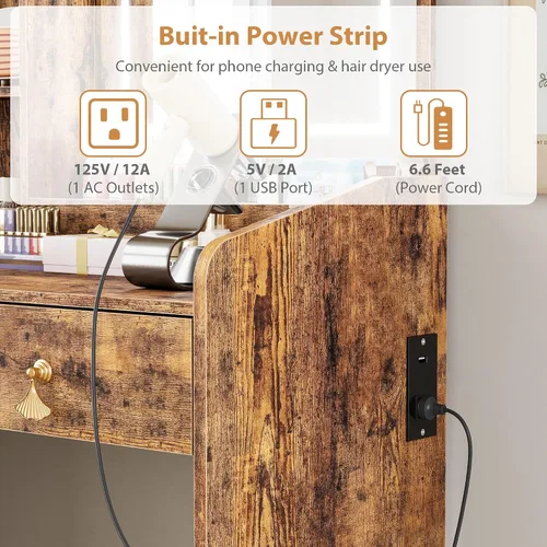 Miniatura 7 de GarveeHome Escritorio de tocador con espejo de luz LED y estación de carga, pequeño juego de mesa de tocador de maquillaje con cajones