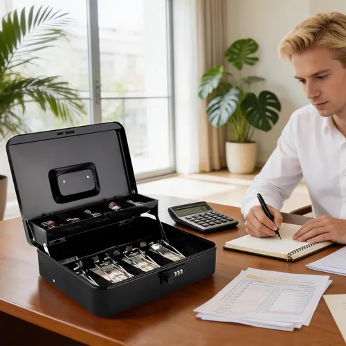 Miniatura 8 de Jssmst Caja grande de metal con cerradura con bandeja de dinero, caja de dinero con cerradura de combinación, color negro Cerradura de combinación