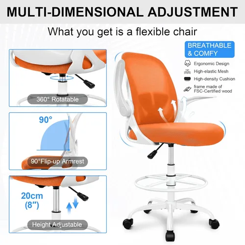 Miniatura 5 de Primy Silla de Dibujo Silla de Oficina Alta con Reposabrazos Abatibles Silla Ejecutiva Ergonómica de Computadora para Escritorio de Pie con Soporte