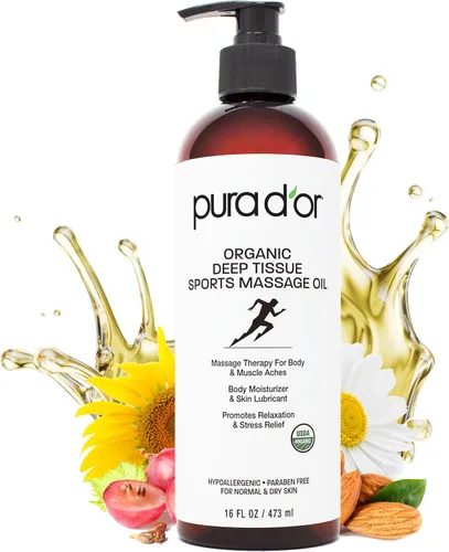 PURA D'OR Masaje deportivo orgánico de tejido profundo de 16 onzas – Aceites de jojoba, girasol, almendra, pomelo y eucalipto, alivia el dolor