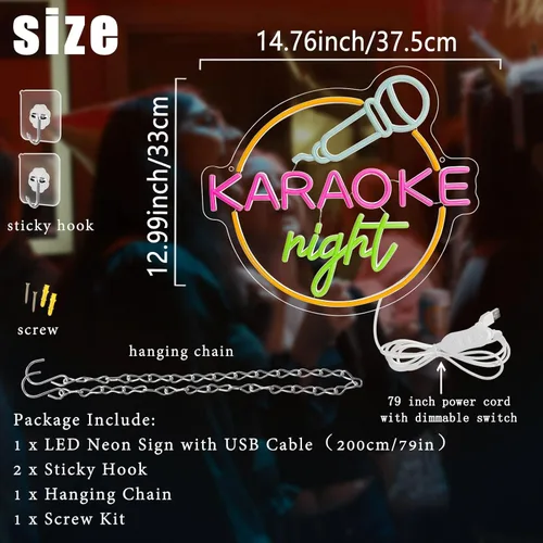 Miniatura 2 de Letrero de neón de noche de karaoke, decoración de sala de música, letreros de neón de karaoke, luces de neón de karaoke regulables, USB, letrero