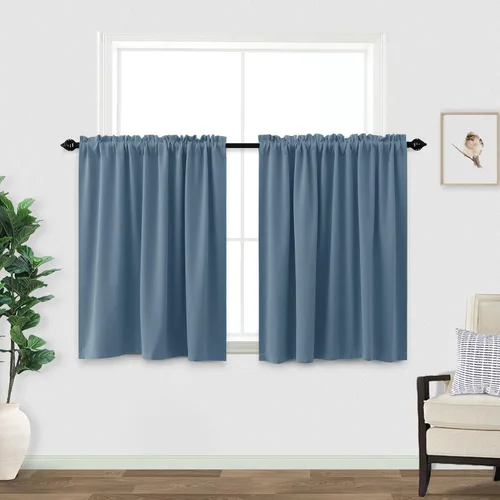 KOUFALL Cortinas de cocina de color azul polvoriento, pequeñas cortinas opacas cortas vintage para dormitorio, 24 pulgadas de largo, azul Azul piedra
