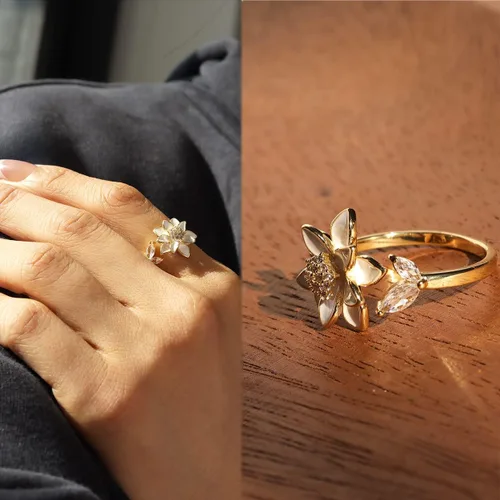 Miniatura 3 de Sonateomber Anillo de oro abierto ajustable con flores de primavera para mujer, moderno y elegante, con circonita cúbica única esmaltada frontal
