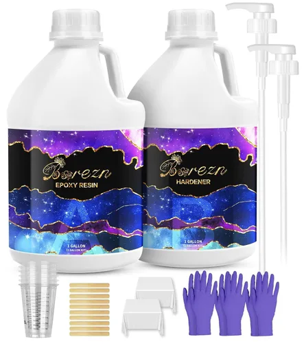 Bsrezn Kit de resina epoxi de 2 galones con bombas, transparente, sin burbujas, no se amarillea, autonivelante, mezcla de resina epoxi 1:1 para