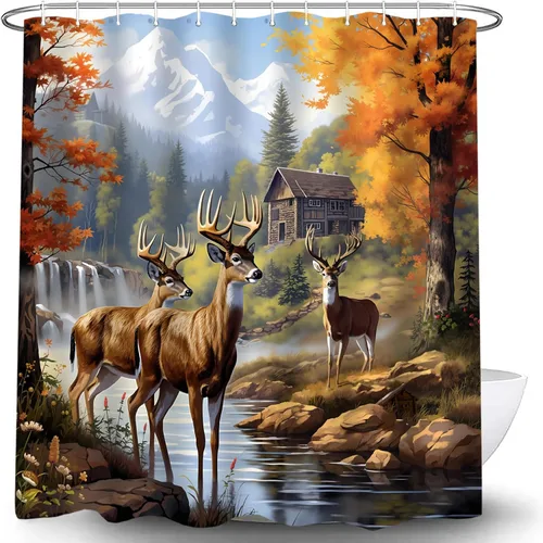 Miniatura 5 de Cortina de ducha de cabaña de ciervos, otoño, montaña, bosque, cascada, vida silvestre, caza, cabaña, cortina de baño de poliéster con ganchos, 35