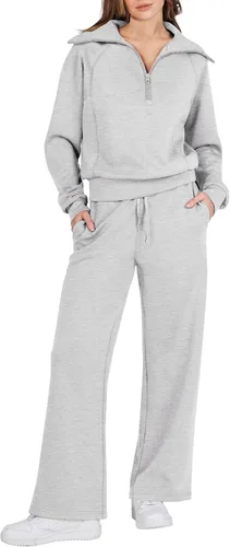 LOGENE Conjunto deportivo de 2 piezas para mujer, sudadera con media cremallera y pantalones deportivos de pierna ancha, trajes de otoño 2023
