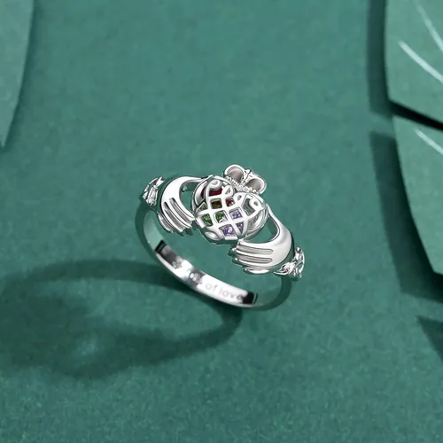 Miniatura 4 de ROWAWA Claddagh Anillo de plata de ley 925 con piedra de nacimiento anillos enjaulados corazón anillos personalizados grabados para niñas y mujeres