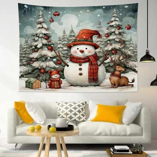 Miniatura 37 de HVEST Tapiz navideño de invierno para colgar en la pared, muñeco de nieve divertido con sombrero azul y tapices de regalo de Navidad, tapiz de pino