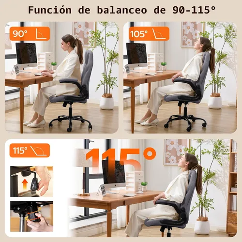 Miniatura 4 de Silla de escritorio de oficina, silla ergonómica para computadora con brazos abatibles acolchados y soporte lumbar ajustable, silla ejecutiva de Gris